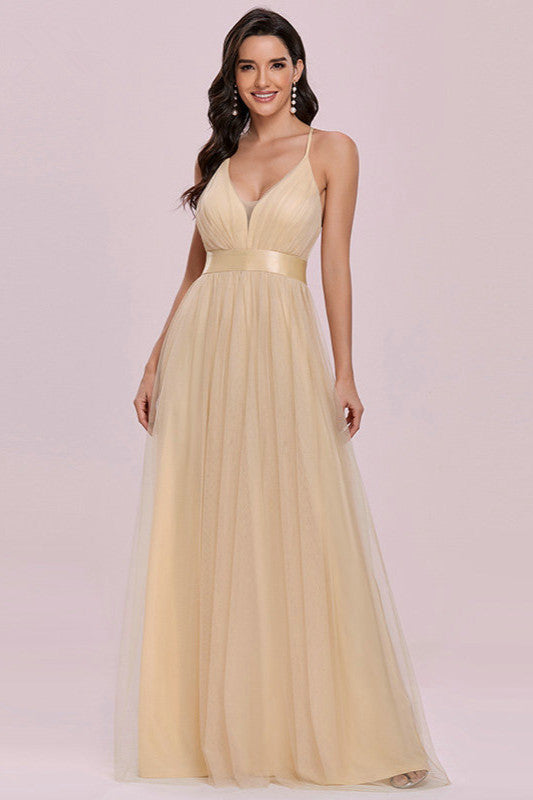 Elegant V-Neck Spaghetti-Strap Tulle Prom Dress-BallBride