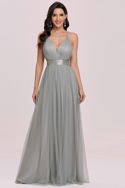 Elegant V-Neck Spaghetti-Strap Tulle Prom Dress-BallBride