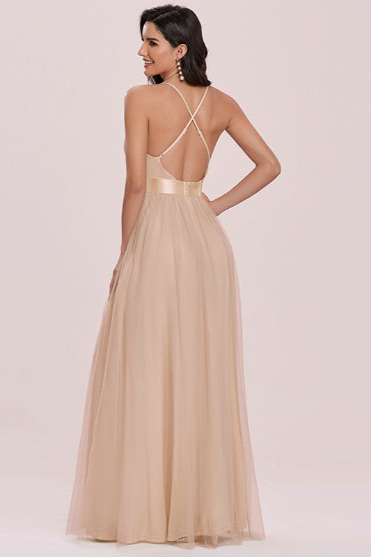 Elegant V-Neck Spaghetti-Strap Tulle Prom Dress-BallBride