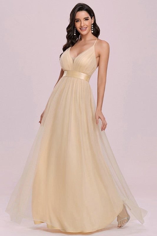 Elegant V-Neck Spaghetti-Strap Tulle Prom Dress-BallBride