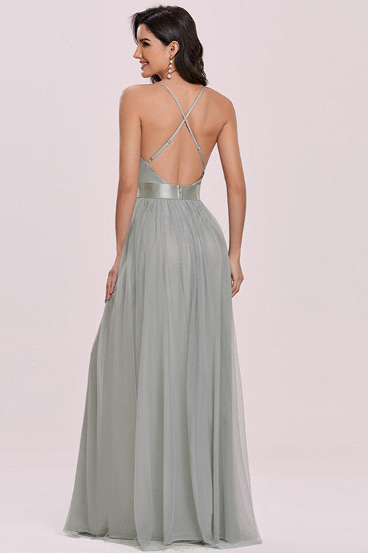 Elegant V-Neck Spaghetti-Strap Tulle Prom Dress-BallBride