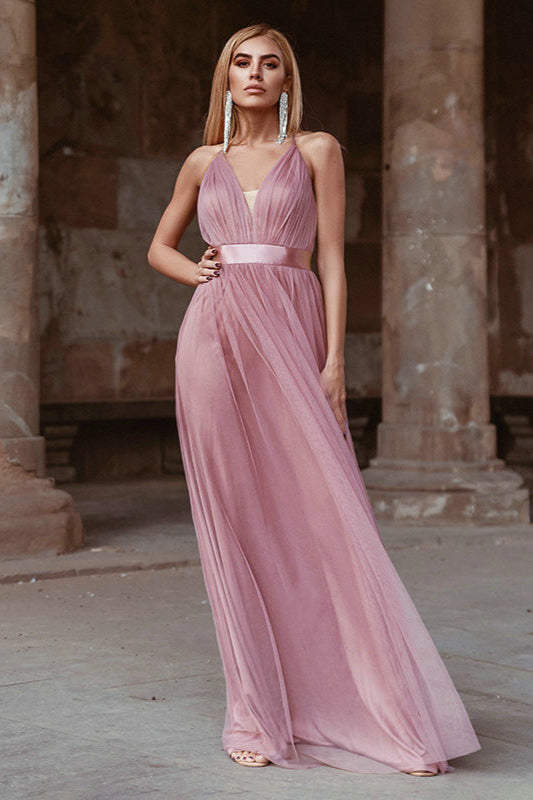 Elegant V-Neck Spaghetti-Strap Tulle Prom Dress-BallBride