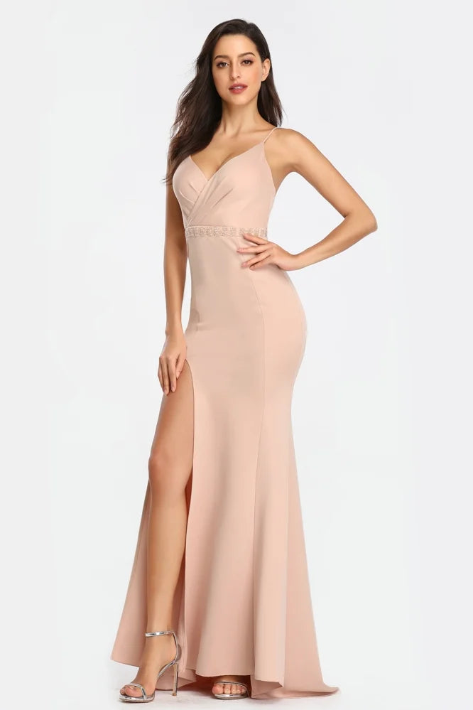 Elegant V-Neck Spaghetti-Straps Prom Dress Long Mermaid Slit Evening Gowns-BallBride