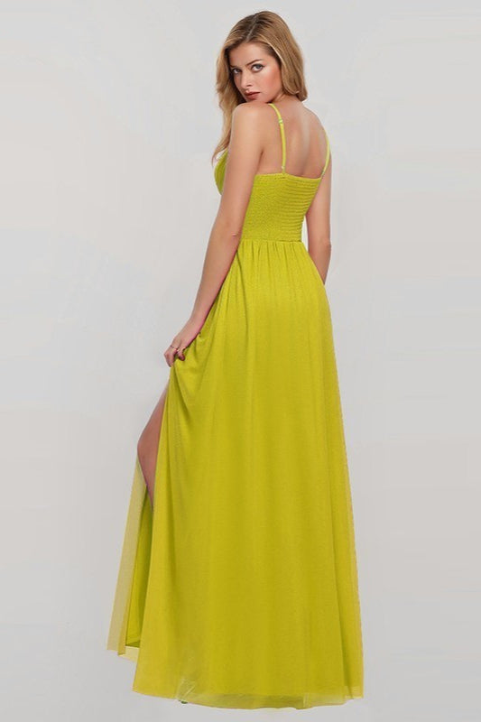 Elegant V-Neck Split Prom Dress with Spaghetti-Strap Details-BallBride