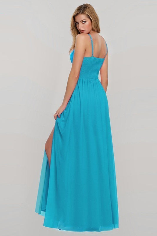 Elegant V-Neck Split Prom Dress with Spaghetti-Strap Details-BallBride