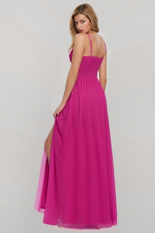 Elegant V-Neck Split Prom Dress with Spaghetti-Strap Details-BallBride