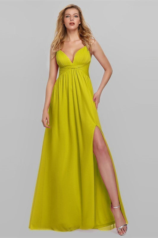 Elegant V-Neck Split Prom Dress with Spaghetti-Strap Details-BallBride