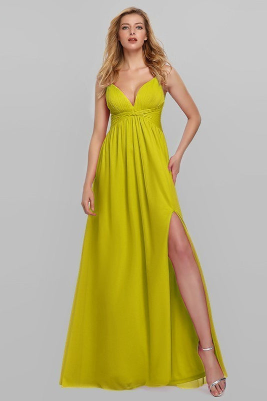 Elegant V-Neck Split Prom Dress with Spaghetti-Strap Details-BallBride