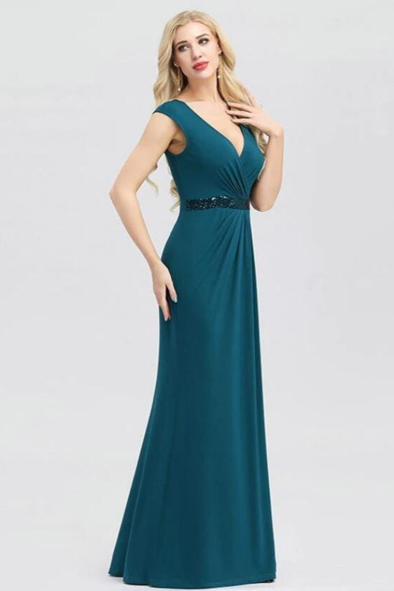 Elegant V-Neck Teal Prom Dress with Sequins for Evening Parties-BallBride