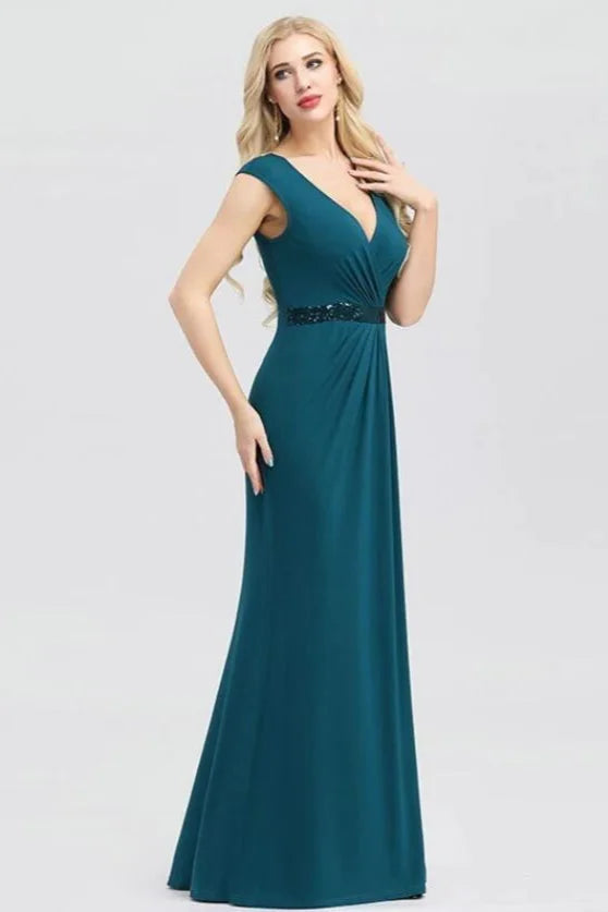 Elegant V-Neck Teal Sleeveless Prom Dress Long Sequins Evening Party Gowns Online-BallBride