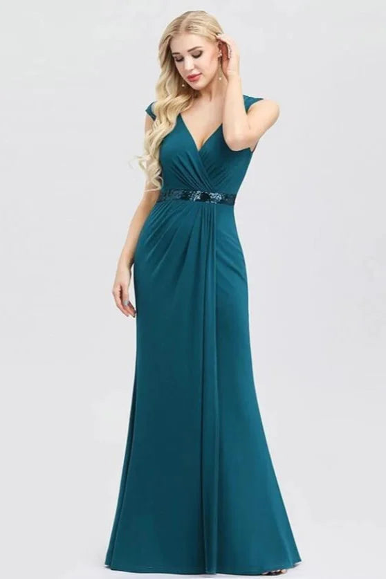 Elegant V-Neck Teal Sleeveless Prom Dress Long Sequins Evening Party Gowns Online-BallBride
