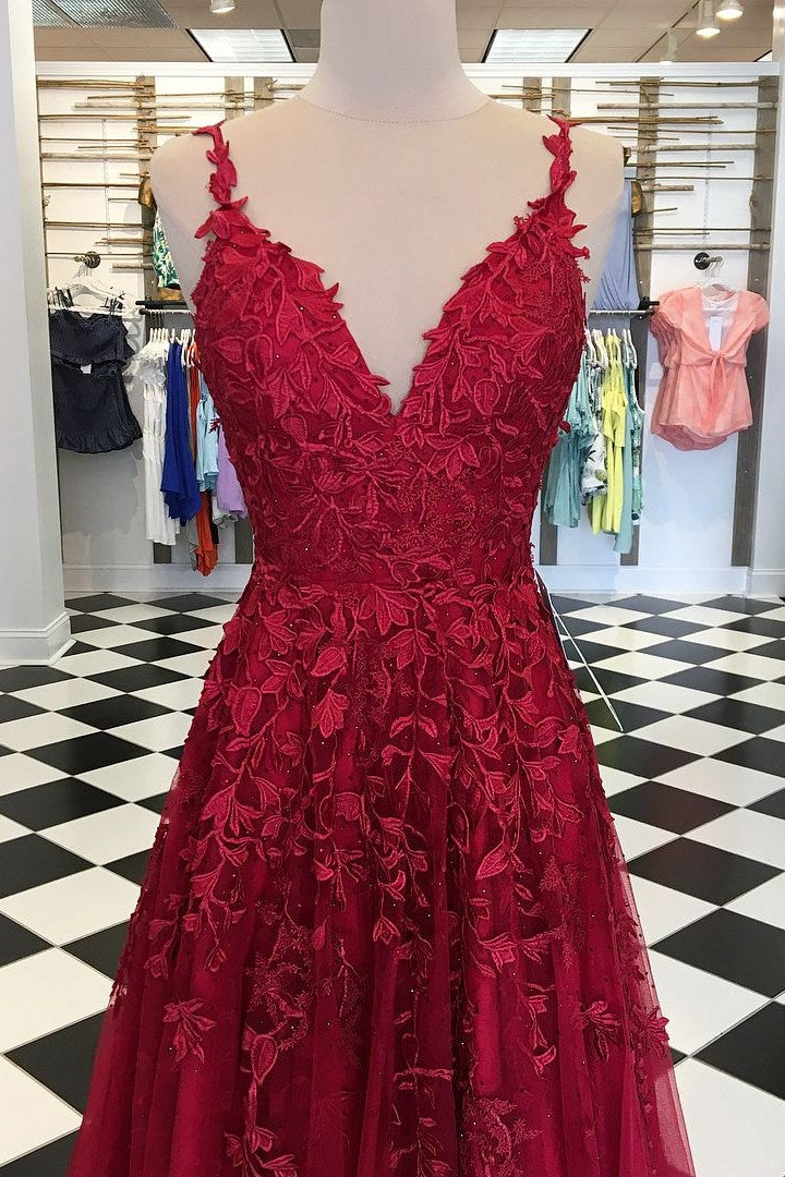 Elegant V Neck Tulle Prom Dress with Spaghetti-Straps & Appliques-BallBride