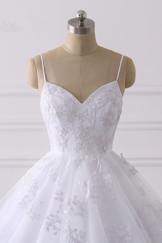 Elegant V-Neck Wedding Dress with Lace Appliques and Spaghetti-Straps-BallBride