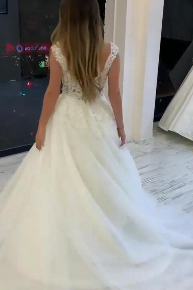 Elegant V-Neck Wide Straps Pearl Tulle A-Line Wedding Dress with Appliques Lace-BallBride