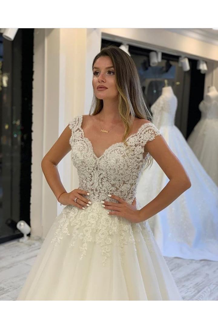 Elegant V-Neck Wide Straps Pearl Tulle A-Line Wedding Dress with Appliques Lace-BallBride