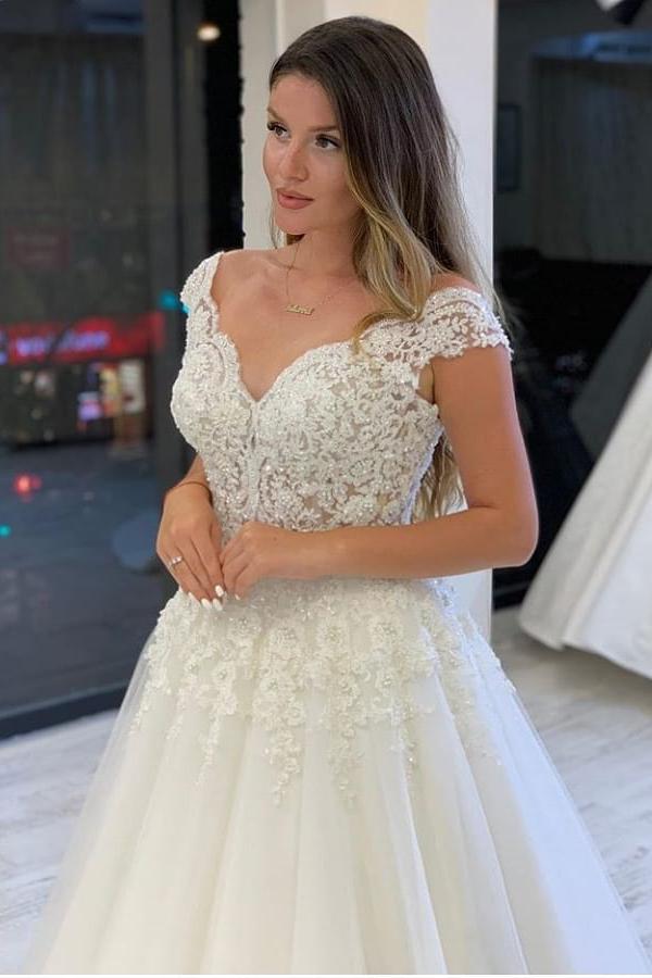 Elegant V-Neck Wide Straps Pearl Tulle A-Line Wedding Dress with Appliques Lace-BallBride