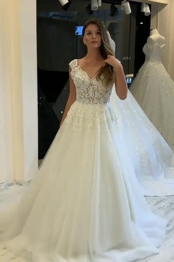 Elegant V-Neck Wide Straps Pearl Tulle A-Line Wedding Dress with Appliques Lace-BallBride