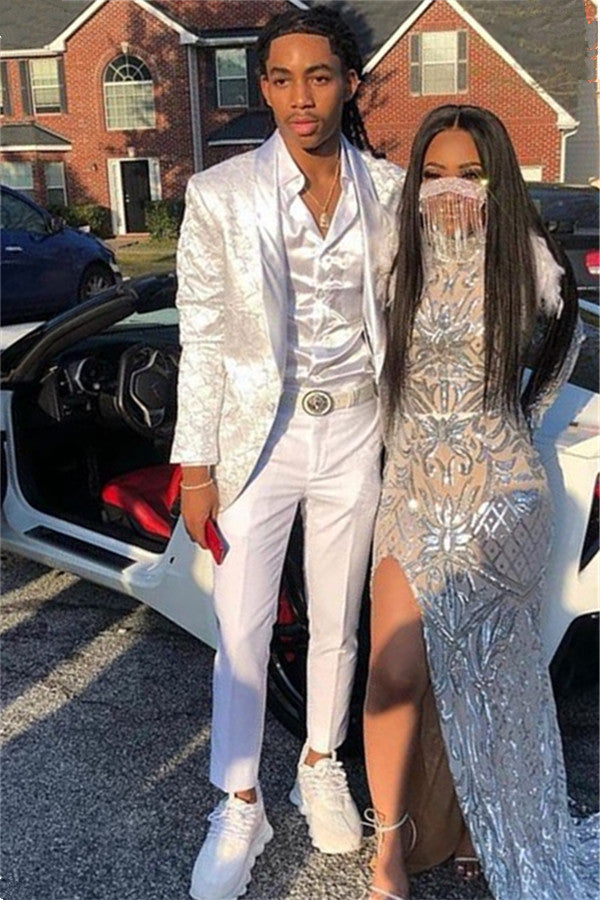 Elegant White Business Suit with Jacquard Shawl Lapel for Men-BallBride