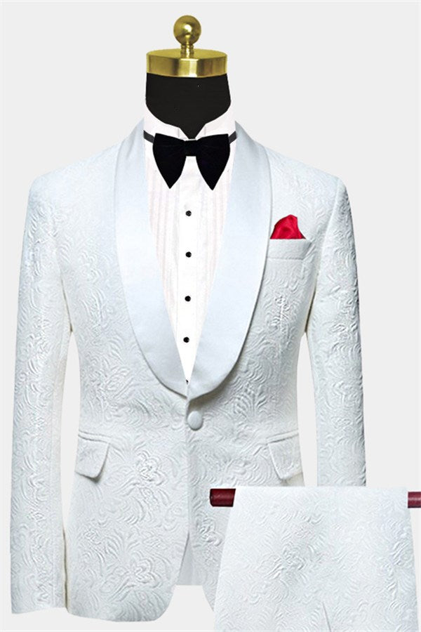 Elegant White Jacquard Groom Suits - Two Piece Shawl Lapel Wedding Men Suits-BallBride
