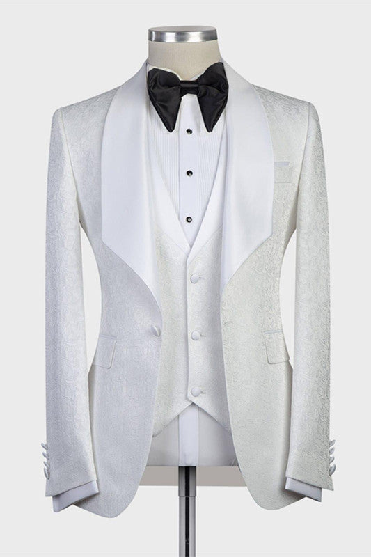 Elegant White Jacquard Shawl Lapel Wedding Tuxedo-BallBride