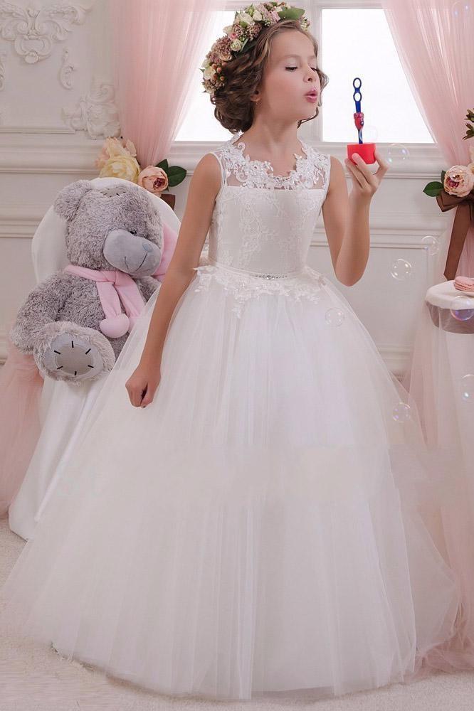 Elegant White Lace Ball Gown for Flower Girls-BallBride
