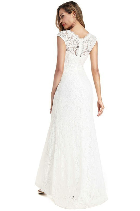 Elegant White Lace Cap Sleeve Mermaid Prom Dress With Slit-BallBride