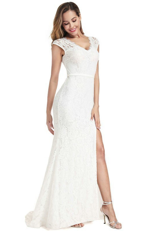 Elegant White Lace Cap Sleeve Mermaid Prom Dress With Slit-BallBride