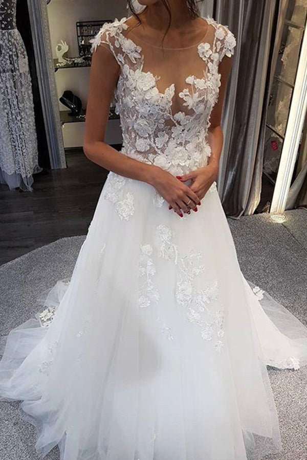 Elegant White Lace Long Wedding Dress with Appliques-BallBride