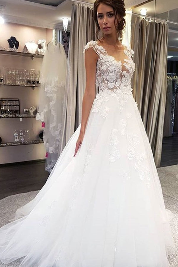 Elegant White Lace Long Wedding Dress with Appliques-BallBride