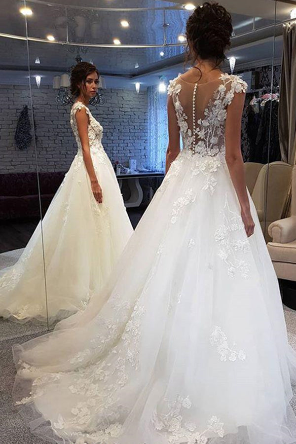 Elegant White Lace Long Wedding Dress with Appliques-BallBride
