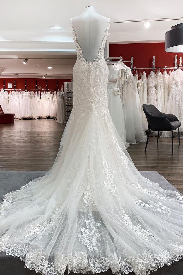 Elegant White Long Mermaid Wedding Dress with Tulle Lace-BallBride