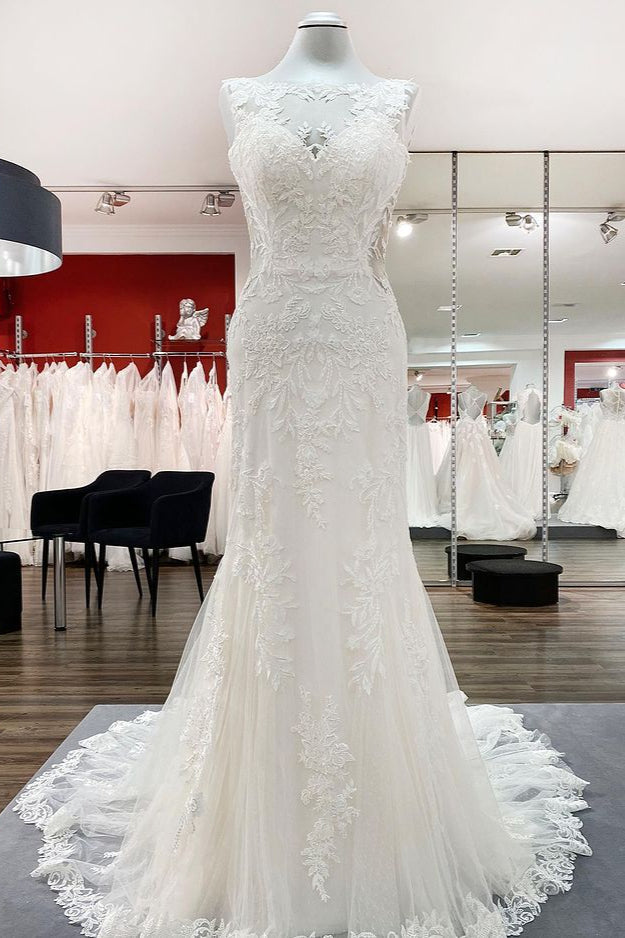 Elegant White Long Mermaid Wedding Dress with Tulle Lace-BallBride
