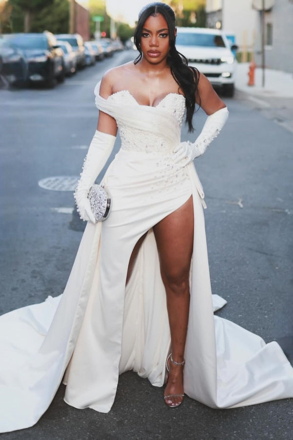 Elegant White Sweetheart Pearls High Split Mermaid Prom Dress-BallBride