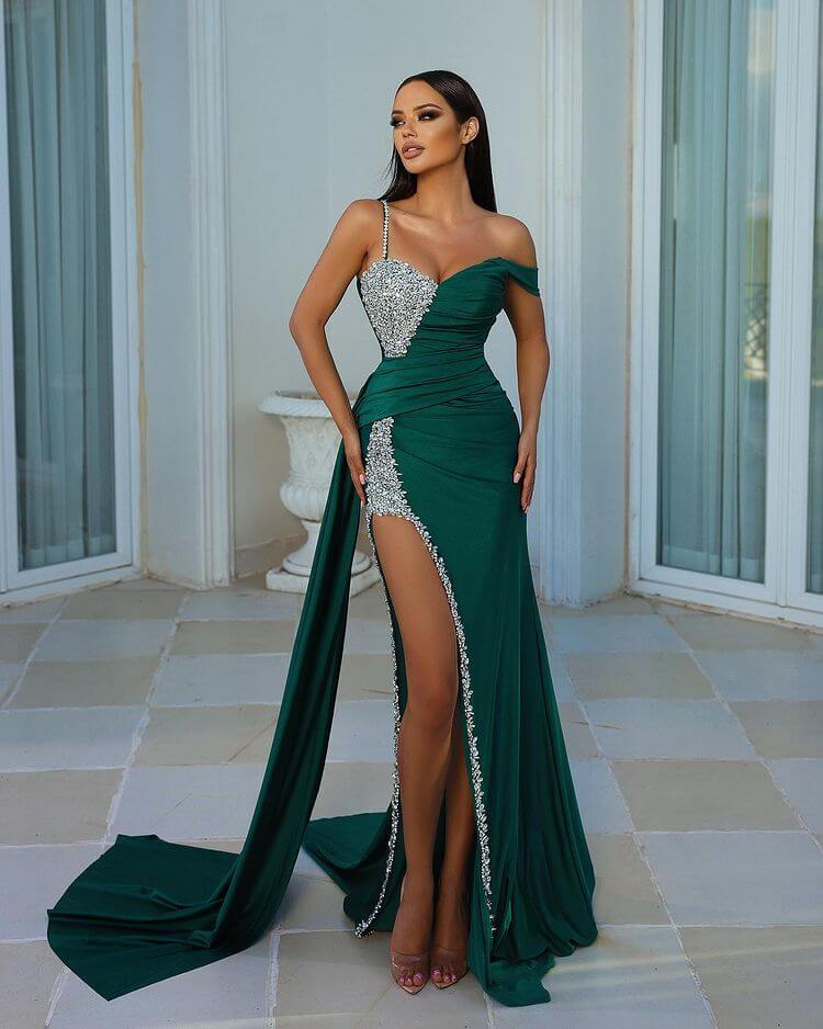 Emerald Green Evening Gowns With Mermaid Split, Beads & Ruffles - Amazing Off-the-Shoulder Look-BallBride