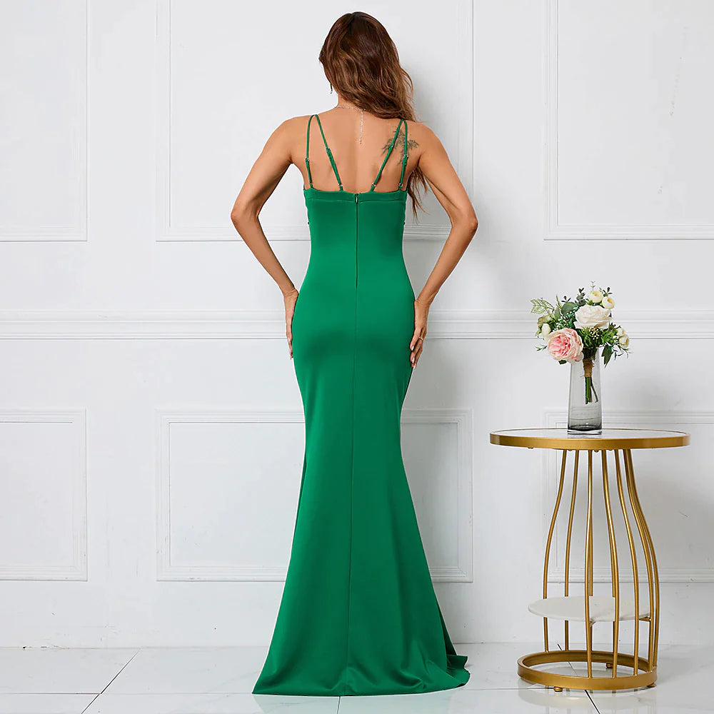 Emerald Green Mermaid Spaghetti-Straps Prom Dress V-Neck With Sequins-BallBride