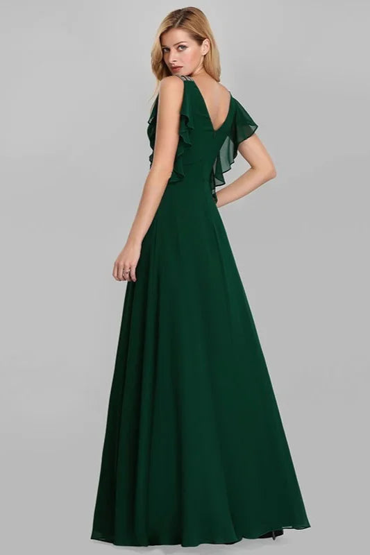 Emerald Green Ruffles Chiffon Long Evening Gowns Online-BallBride