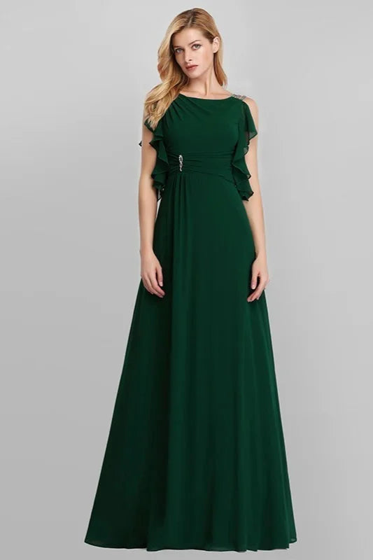 Emerald Green Ruffles Chiffon Long Evening Gowns Online-BallBride