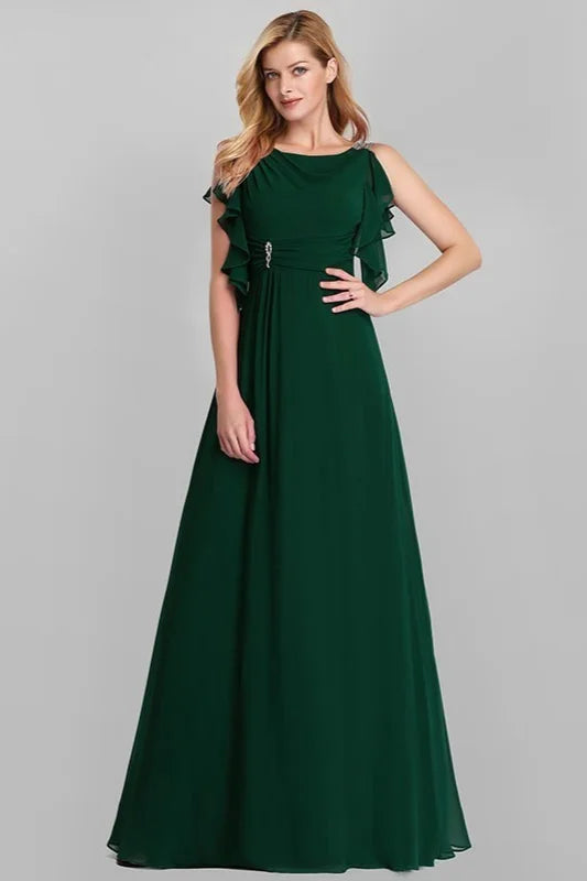 Emerald Green Ruffles Chiffon Long Evening Gowns Online-BallBride