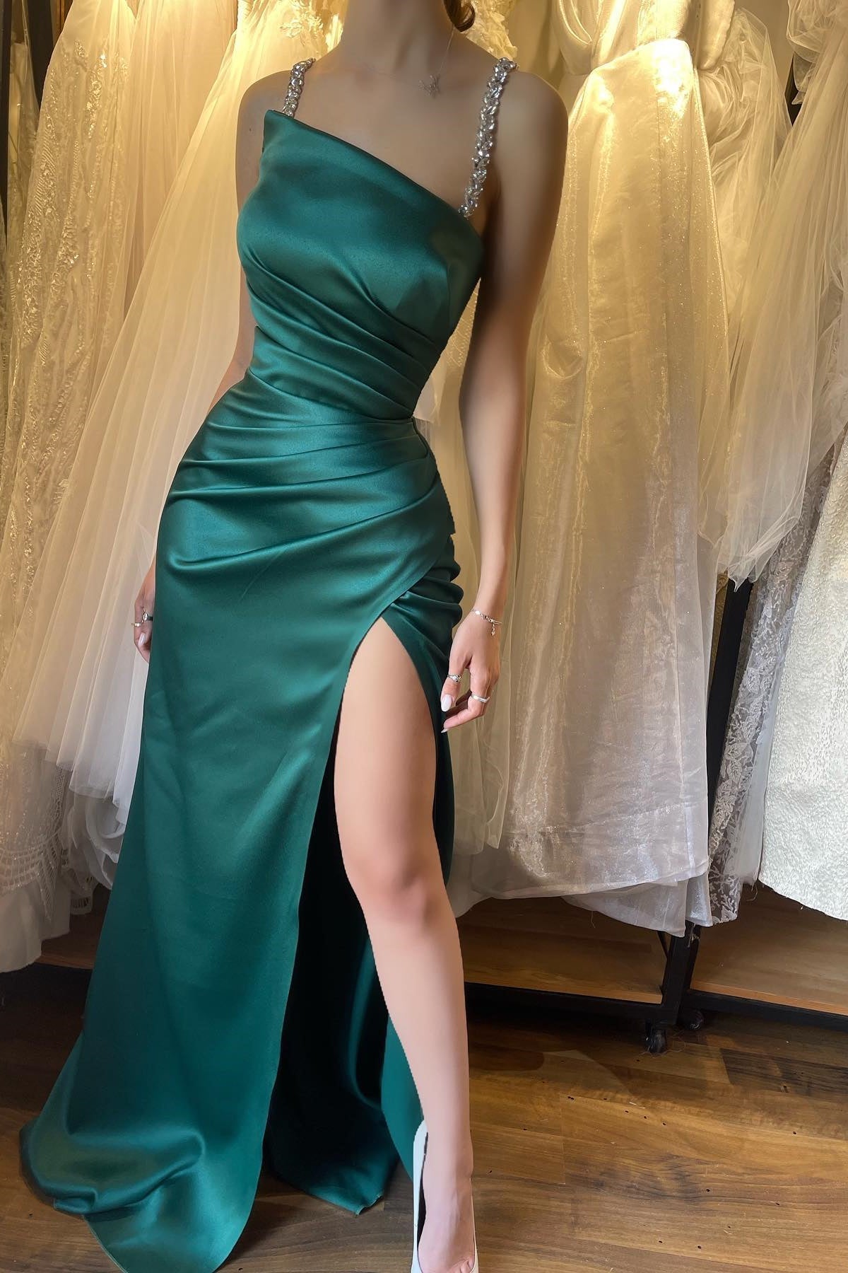Emerald Green Sleeveless Mermaid Prom Dress with Pleats, Beaded, and Split-BallBride