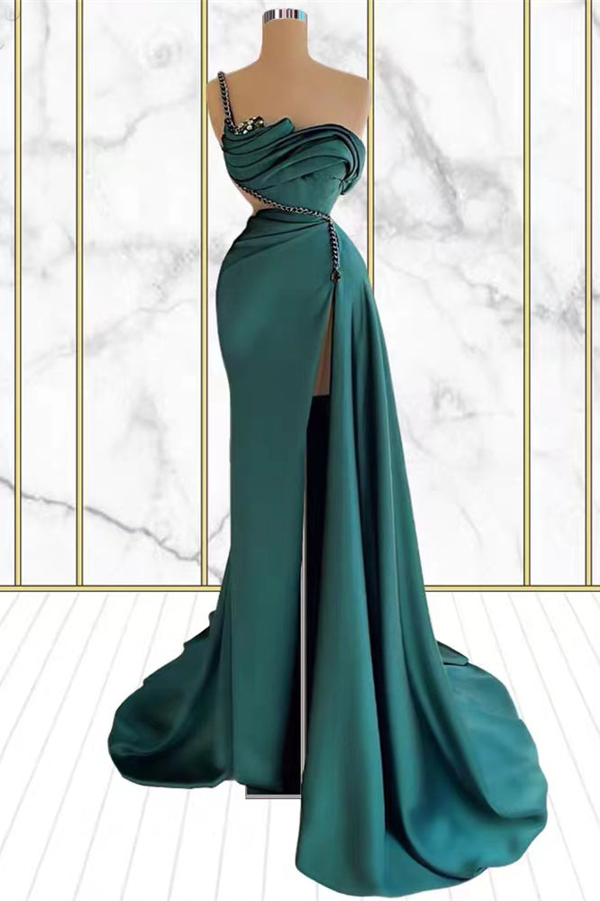 Emerald Rhinestone Mermaid One Shoulder Prom Dress With Split-BallBride