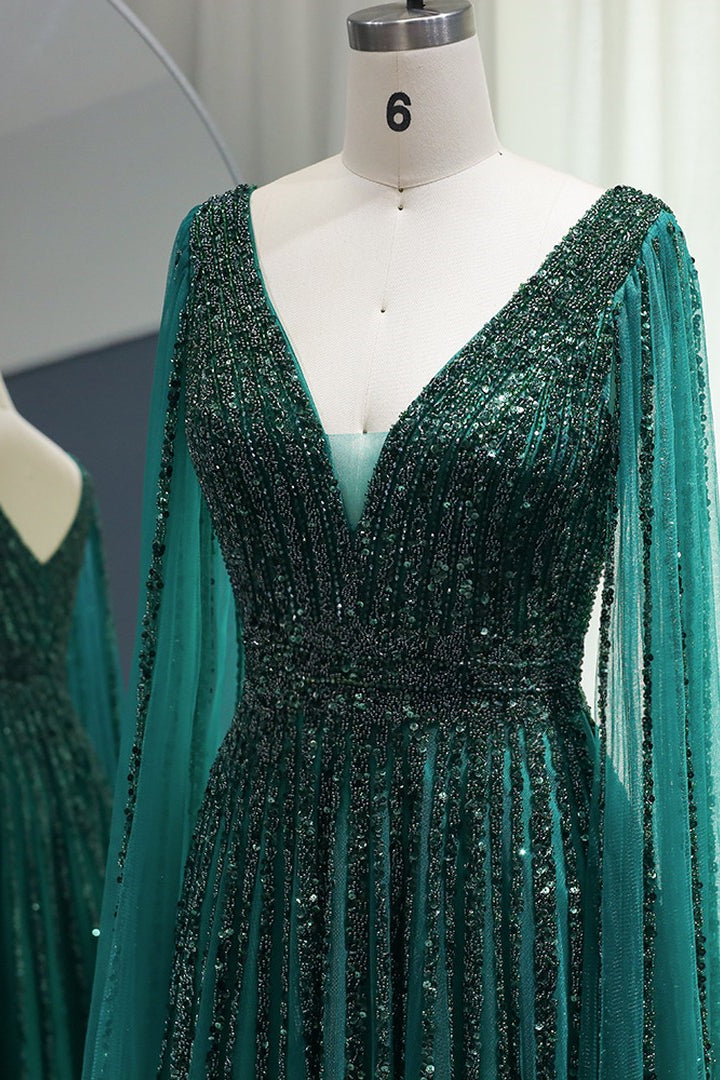 Emerald V Neck A Line Prom Dress With Cap Sleeves and Beaded Tulle Appliques-BallBride