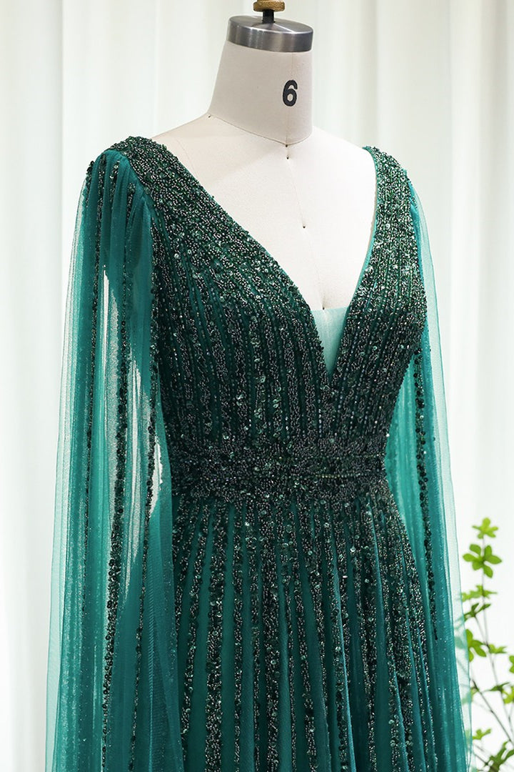 Emerald V Neck A Line Prom Dress With Cap Sleeves and Beaded Tulle Appliques-BallBride