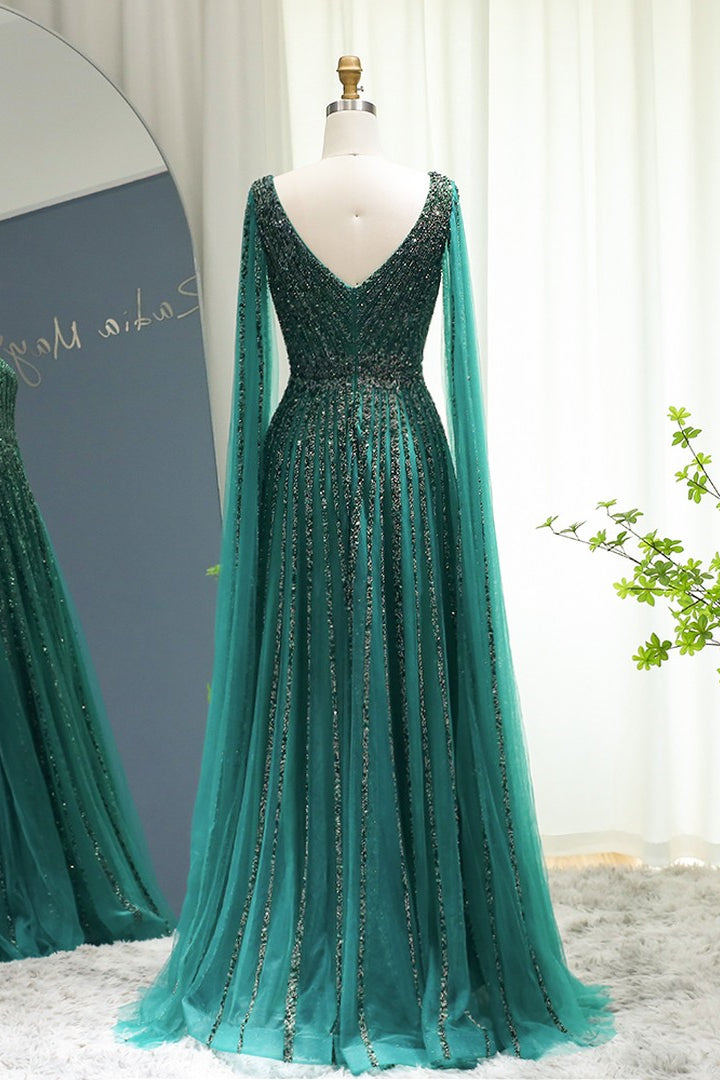 Emerald V Neck A Line Prom Dress With Cap Sleeves and Beaded Tulle Appliques-BallBride