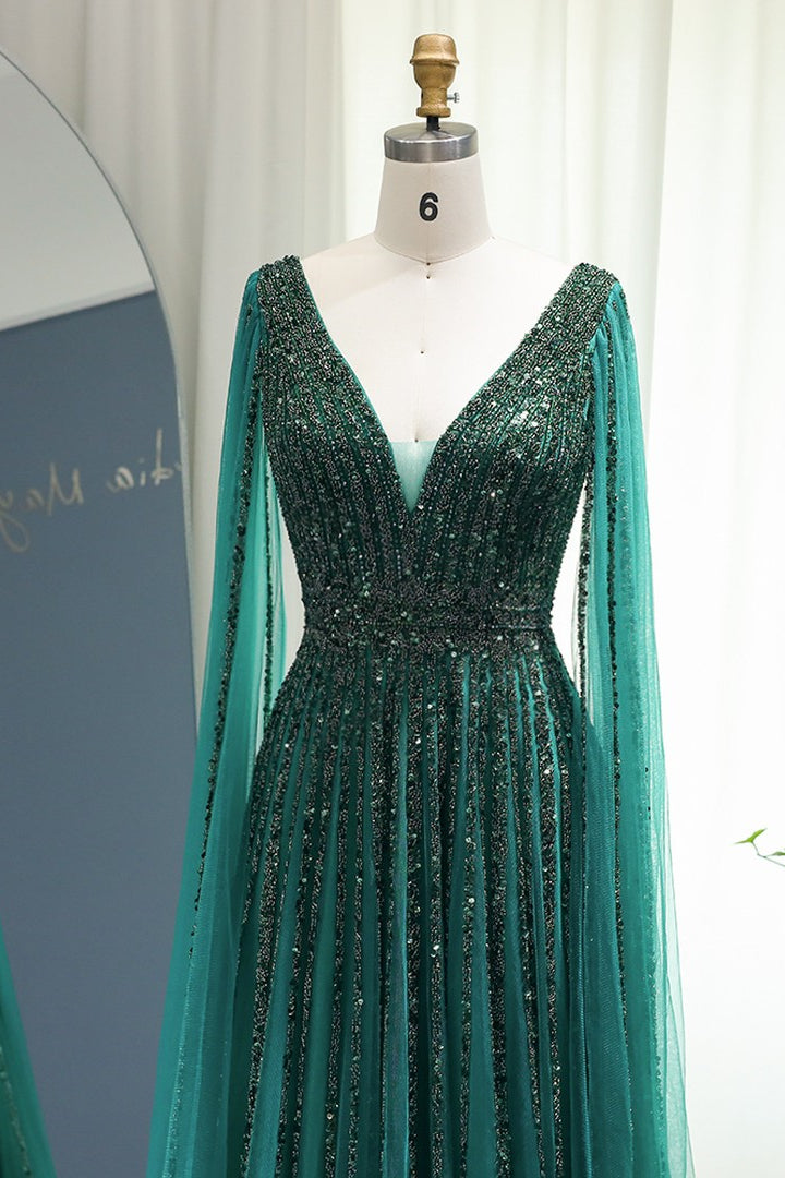 Emerald V Neck A Line Prom Dress With Cap Sleeves and Beaded Tulle Appliques-BallBride