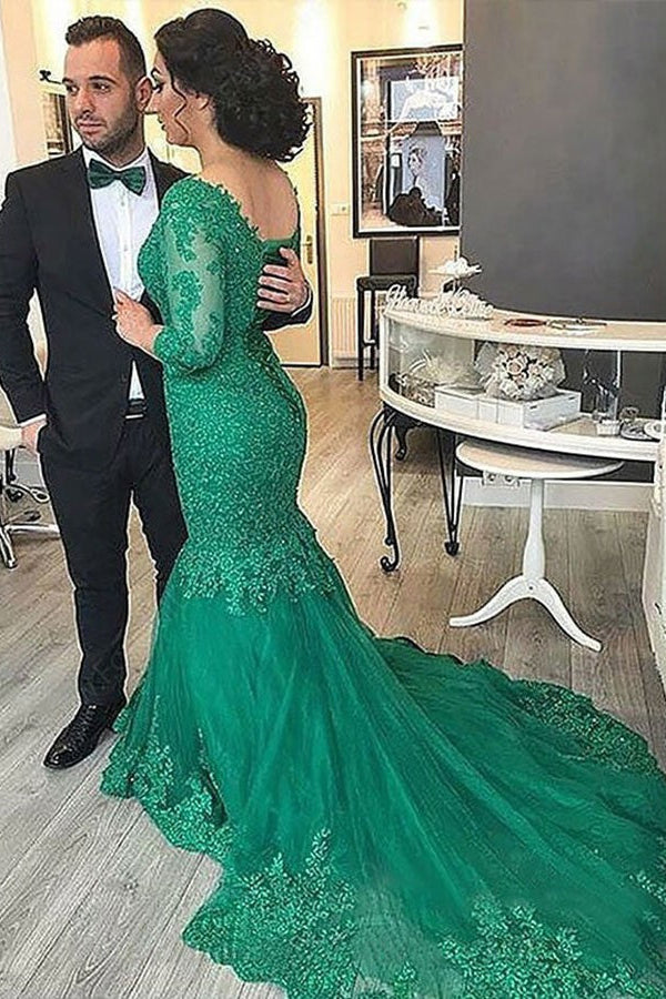 Emerald V-Neck Mermaid Prom Dress with 3/4 Sleeves and Lace Appliques-BallBride