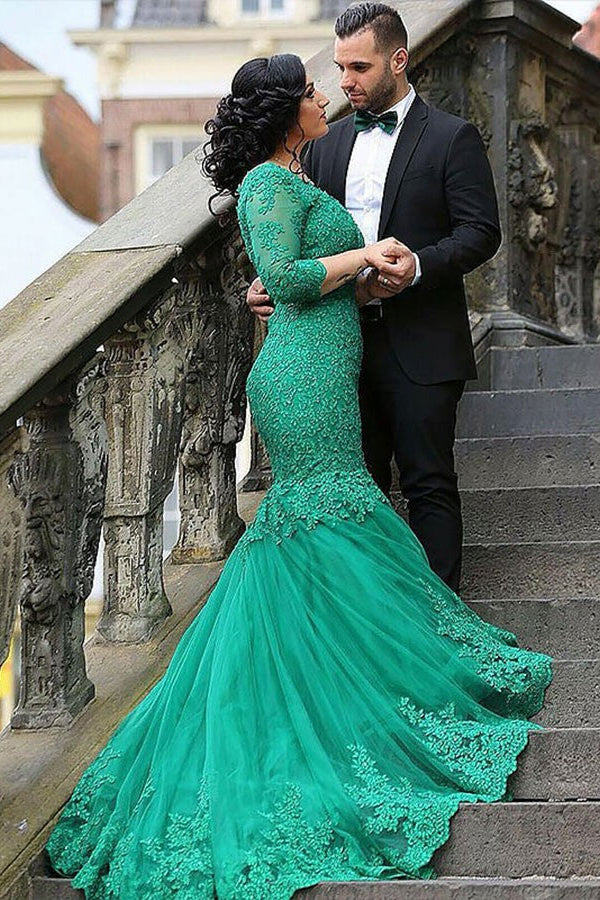Emerald V-Neck Mermaid Prom Dress with 3/4 Sleeves and Lace Appliques-BallBride