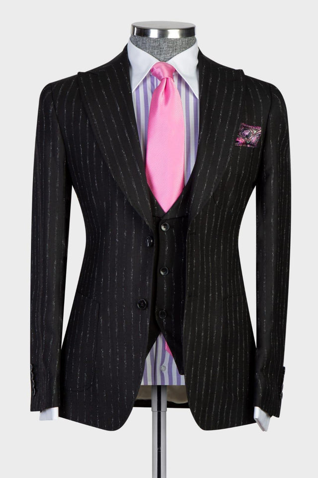 Ernest Modern Black Stripe 3-Pieces Men Suits with Peaked Lapel Slim Fit-BallBride