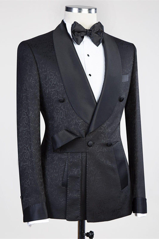 Ernesto Black Double Breasted Shawl Lapel Jacuqard Wedding Suit-BallBride