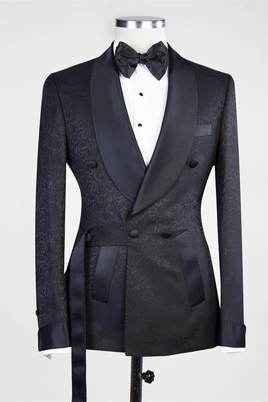Ernesto Black Double Breasted Shawl Lapel Jacuqard Wedding Suit-BallBride