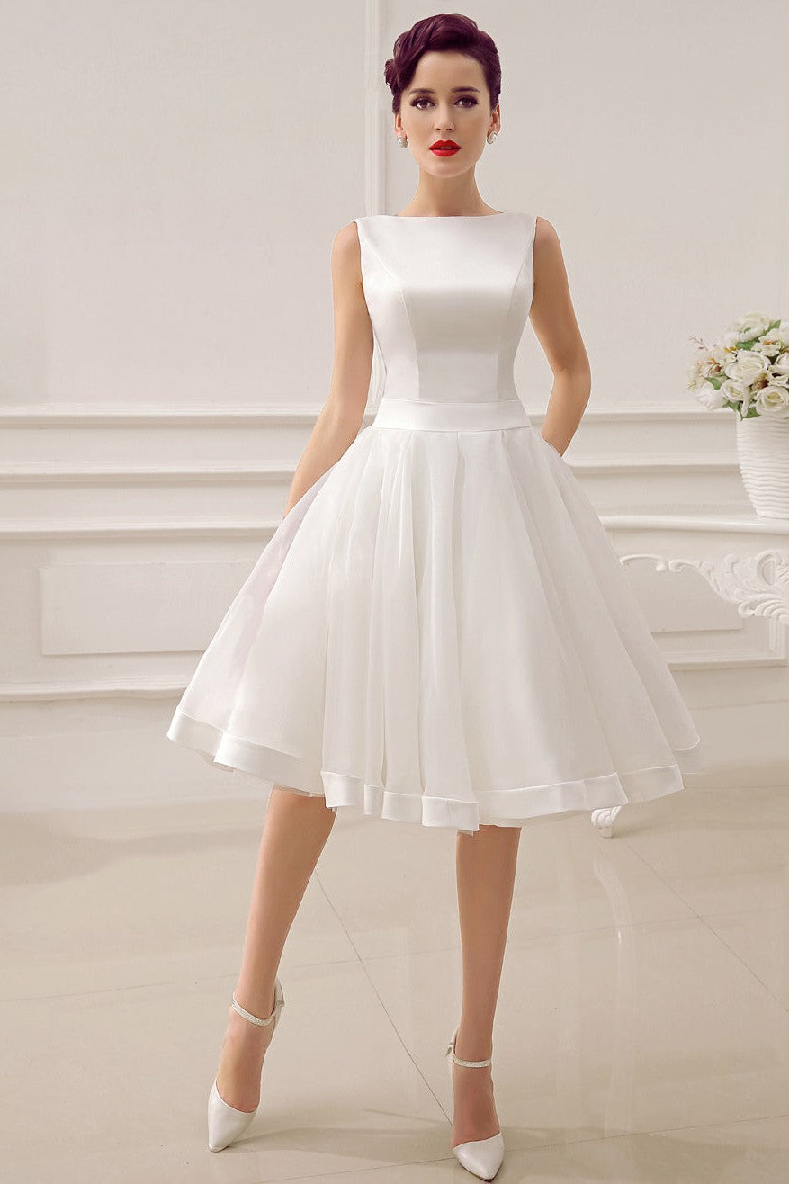 Exclusive Short Wedding Dress Retro Bridal Dress Bateau Sleeveless Reception Bridal Gown-Ballbride